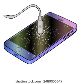 Defektes Smartphone-Display aufgrund unsachgemäßer Akkuladung. Vektorillustration Das Smartphone hat einen Anschluss für das Ladekabel, aber das Kabel wird direkt in das Display gefahren, weshalb