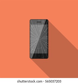 Broken smartphone with long shadow. Flat design style. Vector