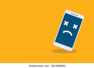 Broken smartphone with sad smile. Broken phone service, recovery and repair concept, symbol top view copyspace.