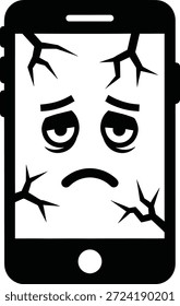 Ícone quebrado da tela do Smartphone mostrando a face triste, símbolo rachado da exibição do telefone celular para danos do dispositivo, problemas de reparo, ilustração da falha da tecnologia
