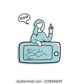 Teléfono inteligente roto con una persona que habla