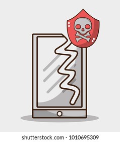 broken smartphone with warning skull virus
