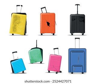 Broken and smashed luggage bag damaged travel suitcase set realistic vector illustration. Ripped baggage vacation airport exchange trip plastic suitcases destroyed case with handle