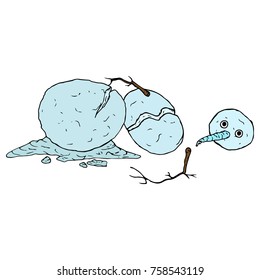 A broken snowman with hands out of branches. Snowman with icicle instead of nose. Vector illustration.