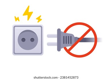 broken socket with sparks. do not plug into a socket. flat vector illustration.