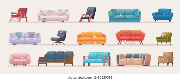 Zerbrochenes Sofa. Beschädigte schmutzige weiche Möbel kaputte Sofas genaue Vektorgrafik Cartoon Illustration