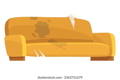 Broken sofa icon. Torn old couche for living room isolated on white background. Damaged indoor old furniture messy seat of sofa. Vector interior object in cartoon style