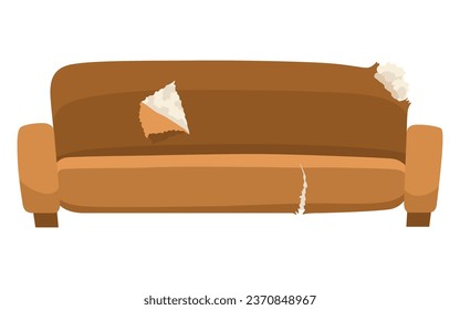 Broken sofa icon. Torn old couche for living room isolated on white background. Damaged indoor old furniture messy seat of sofa. Vector interior object in cartoon style