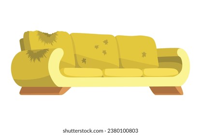Broken sofa icon. Torn old couche for living room isolated on white background. Damaged indoor old furniture messy seat of sofa. Vector interior object in cartoon style