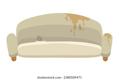 Broken sofa icon. Torn old couche for living room isolated on white background. Damaged indoor old furniture messy seat of sofa. Vector interior object in cartoon style