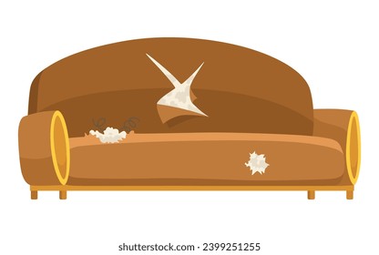 Broken sofa icon. Torn old couche for living room isolated on white background. Damaged indoor old furniture messy seat of sofa. Vector interior object in cartoon style