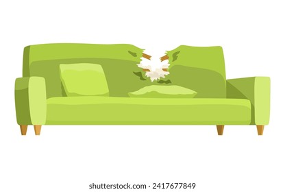 Icono de sofá roto. Un viejo sofá para una sala de estar aislada en un fondo blanco. El viejo mobiliario interior dañado es un asiento desordenado del sofá. Objeto interior vectorial en estilo de caricatura