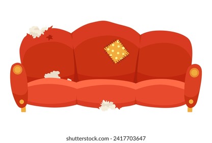 Broken sofa icon. Torn old couche for living room isolated on white background. Damaged indoor old furniture messy seat of sofa. Vector interior object in cartoon style