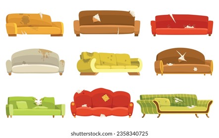 Broken sofas icon set. Torn old couches for living room isolated on white background. Damaged indoor old furniture messy seat of sofa. Vector interior objects in cartoon style