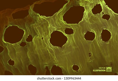 A broken spiderweb. Abstract grid background with hole. Array with dynamic particles. Texture. 3D grid surface.  Technology vector illustration.