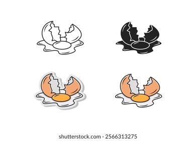 broken and spilled chicken egg icon made with outline, silhouette, cartoon and sticker style