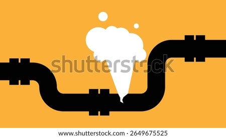 Broken Steaming Gas Pipe Flat Style. Industry, construction and transferring goods concept vector art