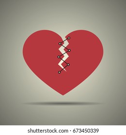 Broken and stitched heart icon, flat design, black and white colors