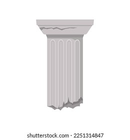 Broken stone column vector illustration. Historic monument, pillar of ancient ruins, old damaged Roman or Greek building isolated on white background. History, architecture, damage concept