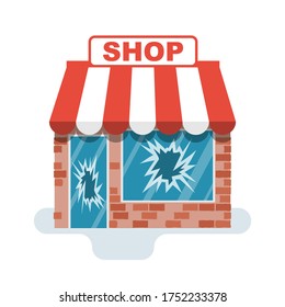 Broken store. Protesters concept. Broken windows and facades of store buildings. Vandalism in the central streets. Vector illustration flat design. Isolated on white background. Cracked glass.