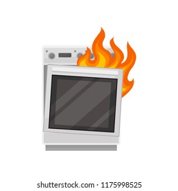 Broken Stove With Burning Fire, Damaged Home Appliance Vector Illustration On A White Background