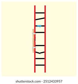 Ilustración vectorial de escalera recta rota. Peldaño perdido, doblado, pasos rotos, Asistencia inadecuada. Concienciación en seguridad para la prevención de caídas.