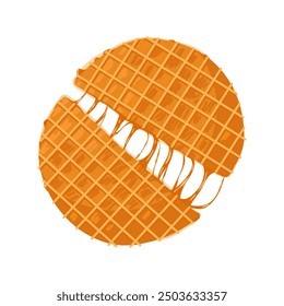 Broken stroopwafel with stretchy caramel. Dutch street food. Bakery and pastry dessert with caramel topping. Vector isolated hand drawn illustration of traditional holland waffle for print, menu