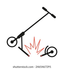 Broken stunt scooter line art minimalistic vector illustration isolated on white.