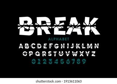 Broken style font, alphabet letters and numbers, vector illustration