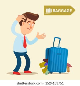 Broken suitcase in airport after flight. Frustrated passenger received damaged luggage, all things fell out. Baggage insurance. Vector illustration, flat design, cartoon style. Isolated background.