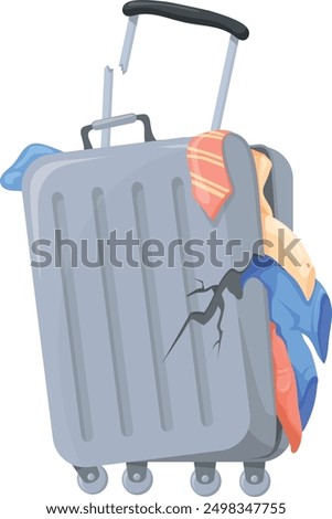 Broken suitcase with clothes color icon. Damaged luggage isolated on white background