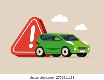Gebrochenes SUV-Auto neben einem Ausrufezeichen. Sicherheitsvorschriften für das Führen von Fahrzeugen. Halten Sie Ihr Fahrzeug fit, um häufige Ausfälle zu verhindern. Schlechtes Auto. Flache Vektorgrafik