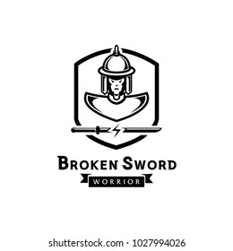 broken sword warrior logo design with ancient soldier illustration in armshield shape