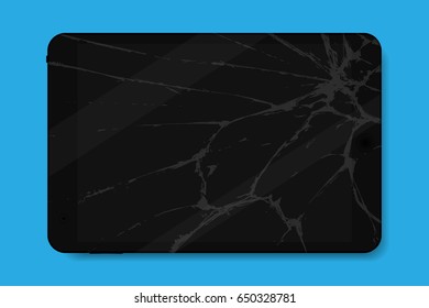 Broken tablet on blue background with shadow. Vector illustration.