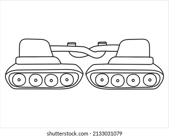 Panzer mit angeschlossenem Maulkorb zerbrochen. Zerstörte militärische Ausrüstung, Weltfrieden, Kontur-Illustration im Doodle-Stil. Handgezeichneter Antikriegsdruck