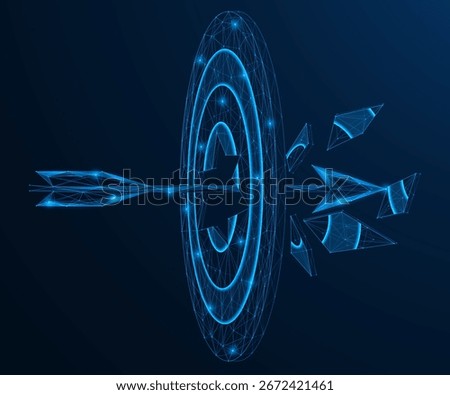 A broken target. An arrow piercing the center of the target and flying through it. Polygonal design of interconnected lines and dots, blue background.
