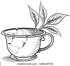 Broken Tea Cup Drawing Vector Logo Illustration
