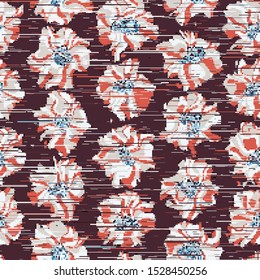 Broken techno glitch floral seamless repeat vector pattern swatch.