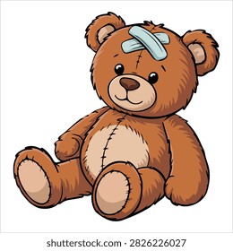 Broken teddy bear with sad expression