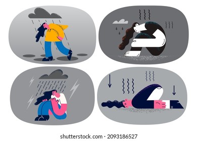 Broken teen girl feel depressed suffer from bullying or harassment. Unhappy sad woman distressed with emotional mental disorder or nervous breakdown. Depression concept. Vector illustration. 