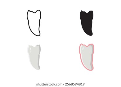 Broken teeth in outline, silhouette, cartoon and sticker styles.