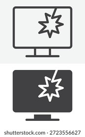 Pantalla de televisión rota conjunto de iconos de estilo diferente. Línea, contorno y símbolo de Vector de icono sólido y símbolo. Icono de Vector de trazo editable que muestra la pantalla dañada.