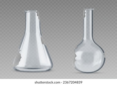 Broken test laboratory glass tube flask equipment. 3d lab beaker glassware realistic vector bottle set. Isolated transparent empty medical container for medicine research and analysis illustration