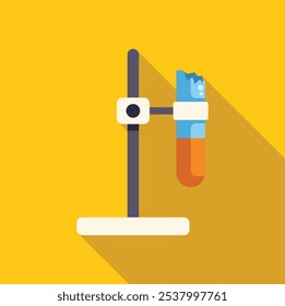 Broken test tube containing liquid is hanging on a stand, possibly in a chemistry lab, in this colorful flat design icon