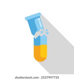 Tubo de teste quebrado contendo líquido laranja está vazando, estilo de design de ícone plano com sombra longa