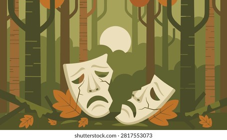 Broken theatrical comedy and tragedy masks lying on the forest floor beneath tall autumn trees under a soft sun.