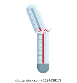 Broken thermometer with exploding mercury column indicating extremely high temperature, conceptual illustration of extreme heat or fever