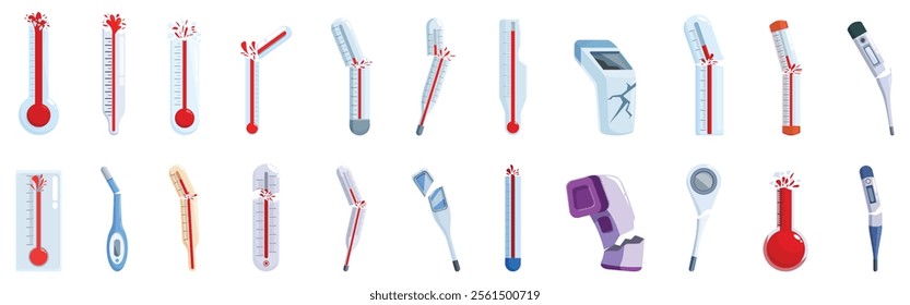 Broken thermometer icons set. Cartoon set of thermometers measuring high fever and broken thermometers icons for web design isolated on white background