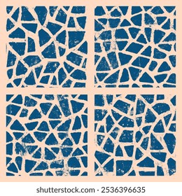 Broken Tiles Grunge Seamless Pattern Vector Set Blue Beige Abstract Background. Rough Crushed Fragments Endless Texture Clipart Collection for Textile Print or Home Decor. Boho Style Illustration