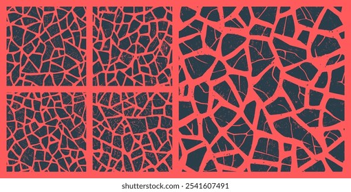 Broken Tiles Grunge Seamless Pattern Vector Set Red Black Abstract Background. Rough Crushed Fragments Endless Texture Clipart Collection for Textile Print or Home Decor. Vintage Tile Art Illustration